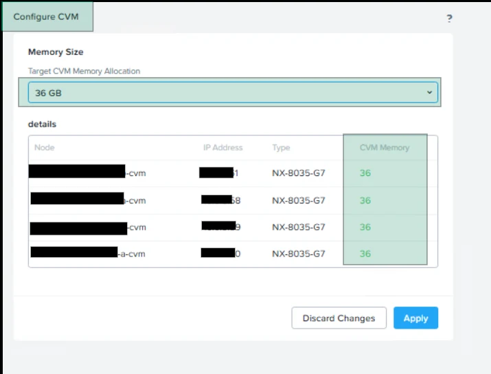 Configure CVM page with Target CVM Memory Allocation set to 36 GB and four NX-8035-G7 nodes listed