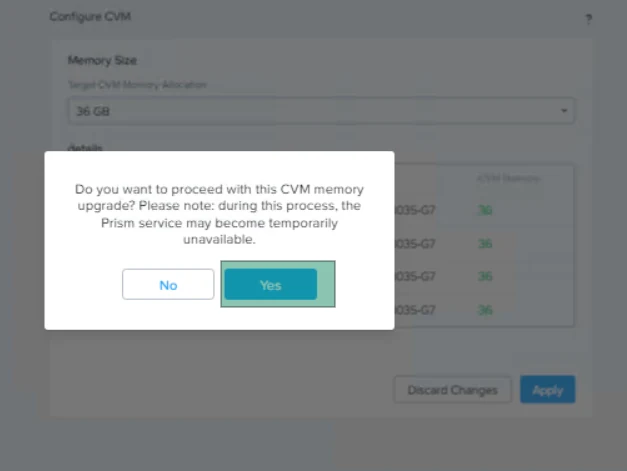 Confirmation dialog warning that the Prism service may become temporarily unavailable during the CVM memory upgrade