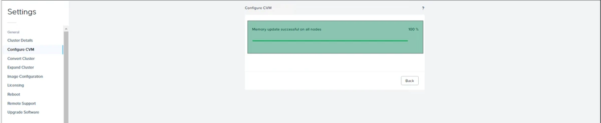 Configure CVM page showing memory update successful on all nodes at 100 percent