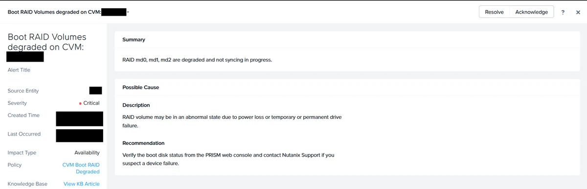 Prism alert: Boot RAID Volumes degraded on CVM, severity critical, stating RAID md0, md1 and md2 are degraded and not syncing
