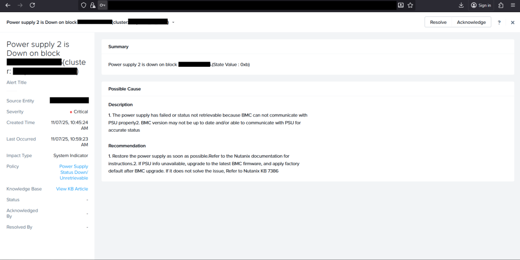 Prism alert: Power supply 2 is down on block (Critical severity)