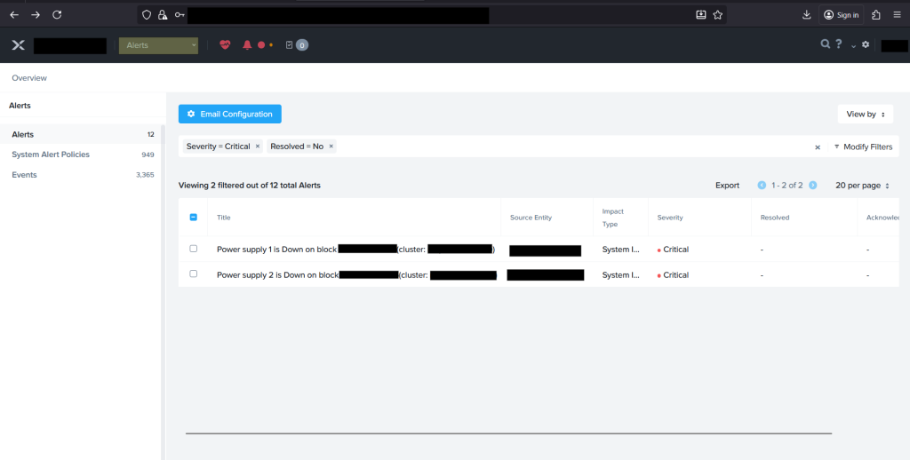 Prism Alerts view filtered to Critical, unresolved — both power supply alerts listed together
