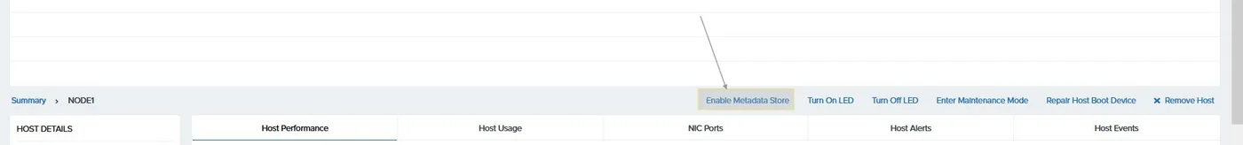 Prism Element host details for NODE1 with the Enable Metadata Store action highlighted