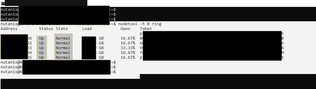 nodetool -h 0 ring output with all nodes back in Normal state