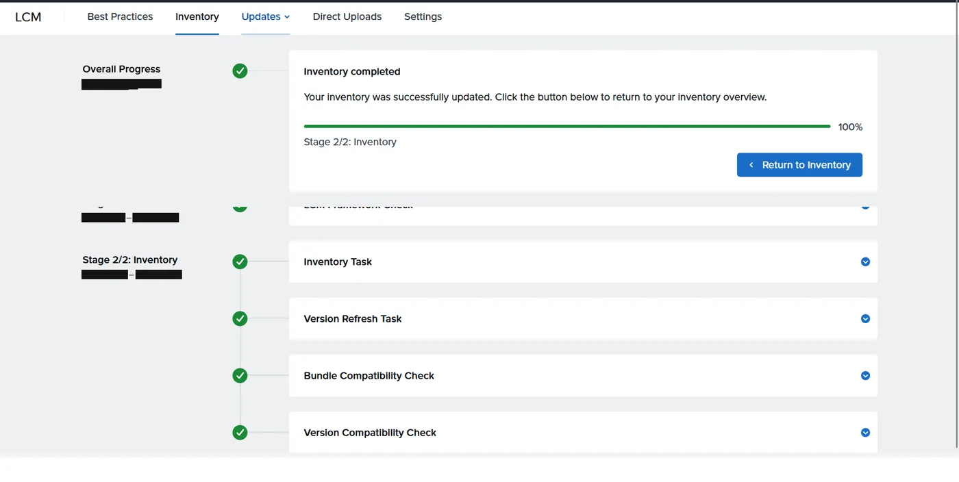 LCM Inventory completed in Prism Element showing inventory, version refresh and compatibility check tasks