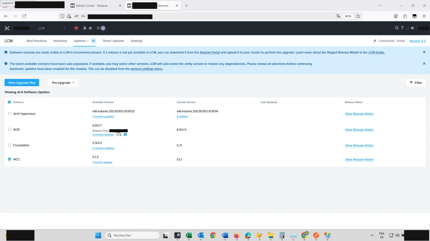 LCM Updates tab listing available software updates for AHV, AOS, Foundation and NCC with NCC selected