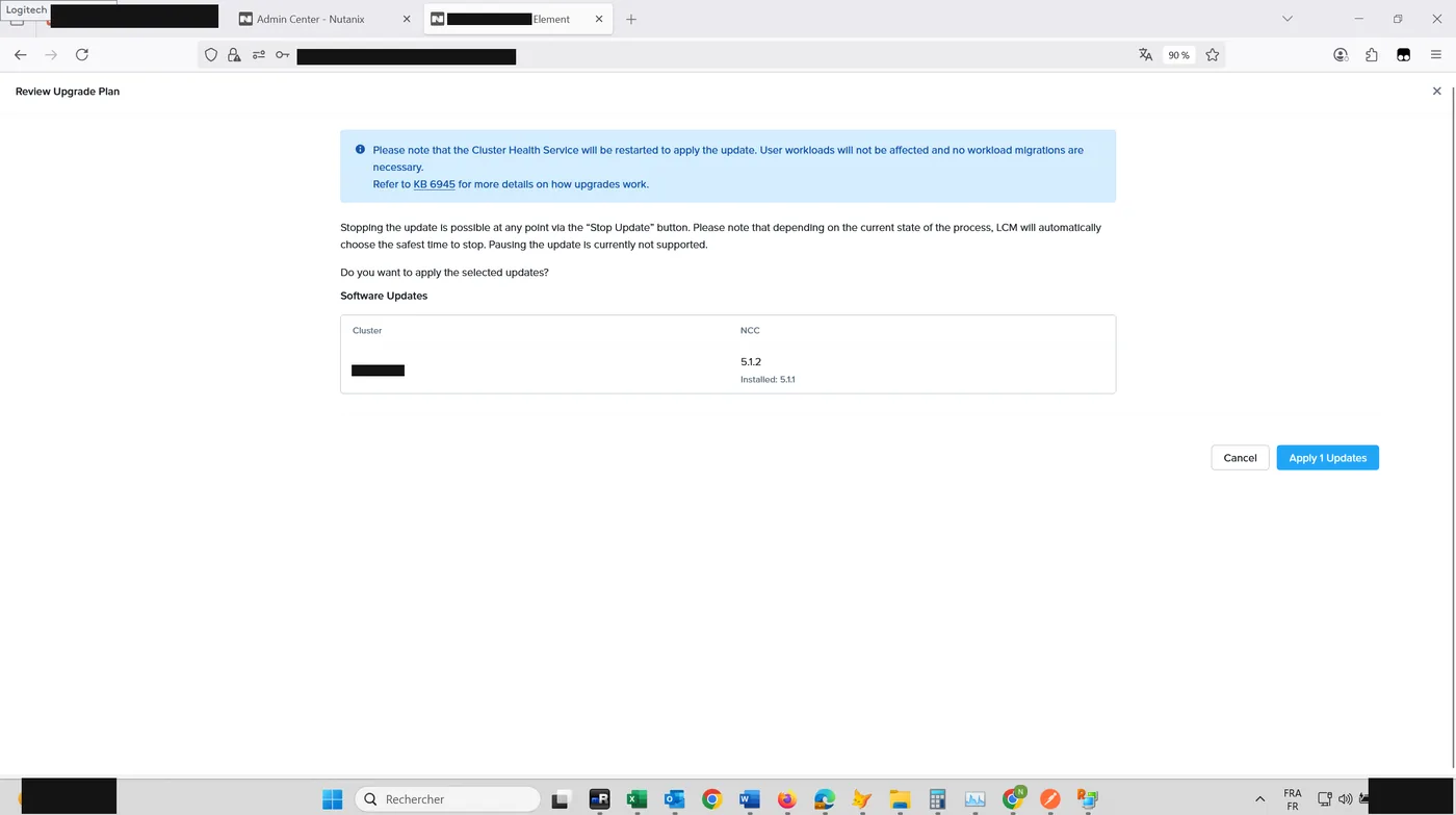 Review Upgrade Plan dialog for the NCC update noting the Cluster Health Service restart