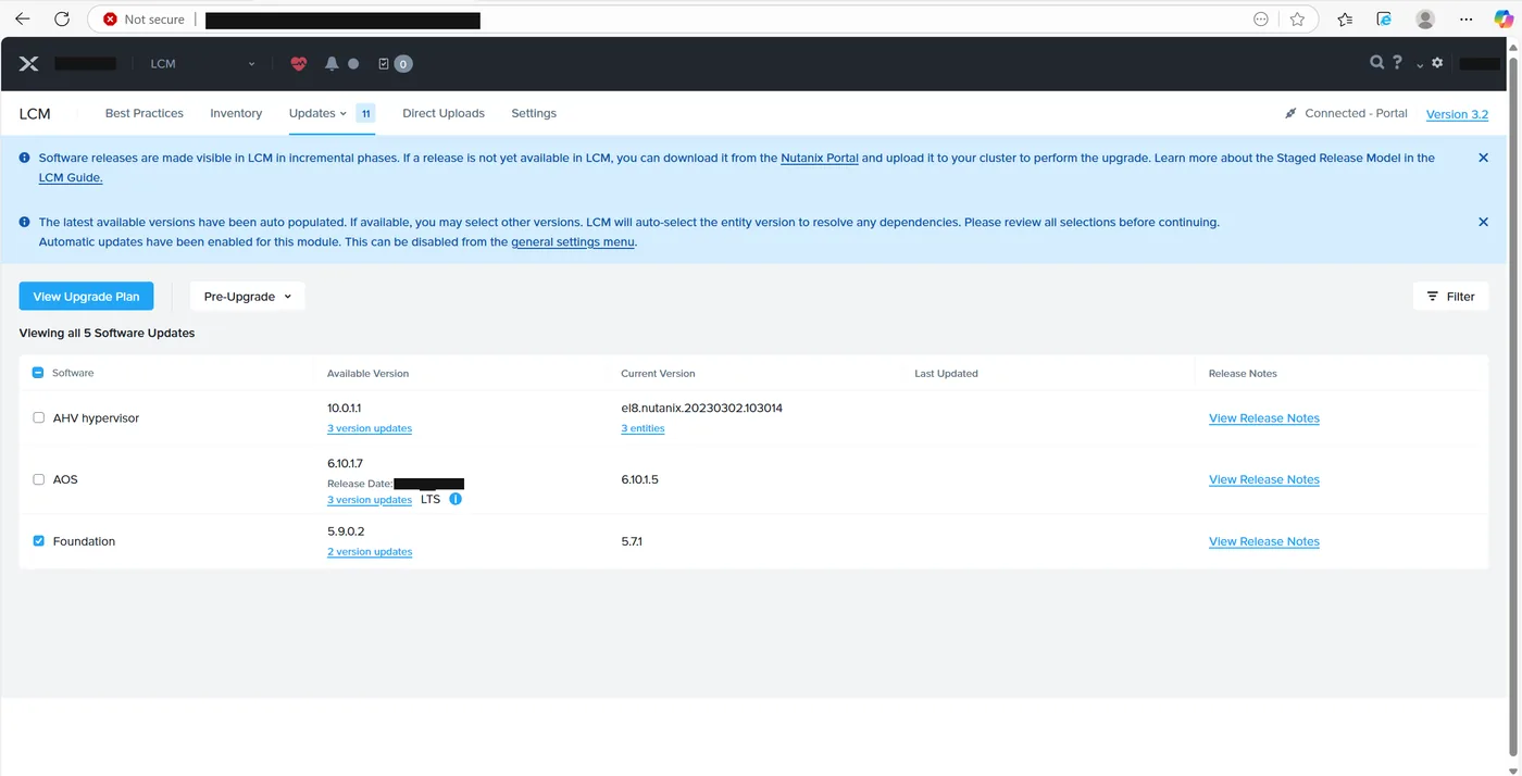 LCM Updates tab after the NCC update with AHV, AOS and Foundation updates remaining