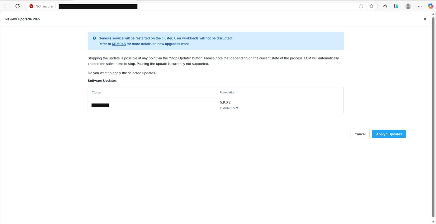 Review Upgrade Plan dialog for the Foundation update noting the Genesis service restart