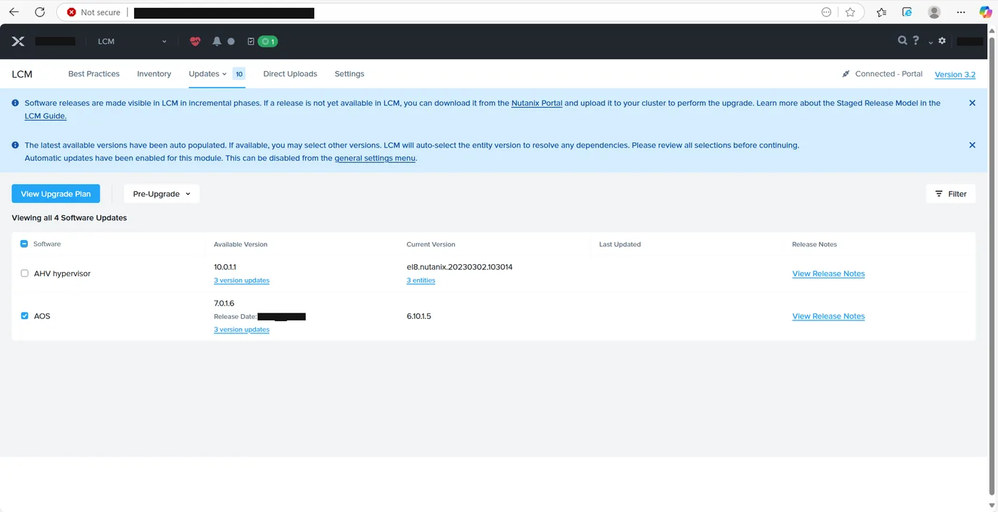 LCM Updates tab showing AOS 7.0.1.6 available against installed 6.10.1.5