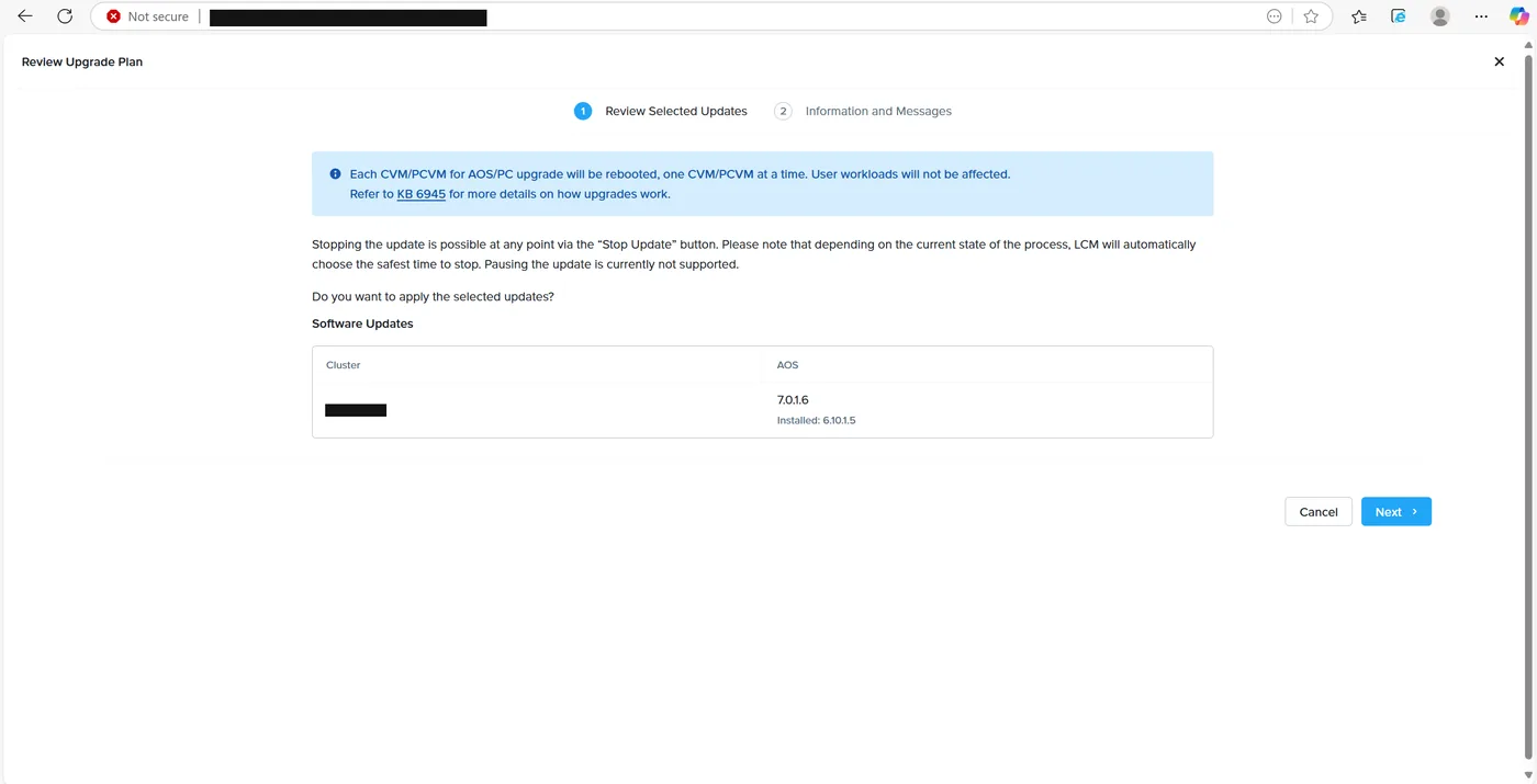 Review Upgrade Plan step one for the AOS update noting each CVM reboots one at a time