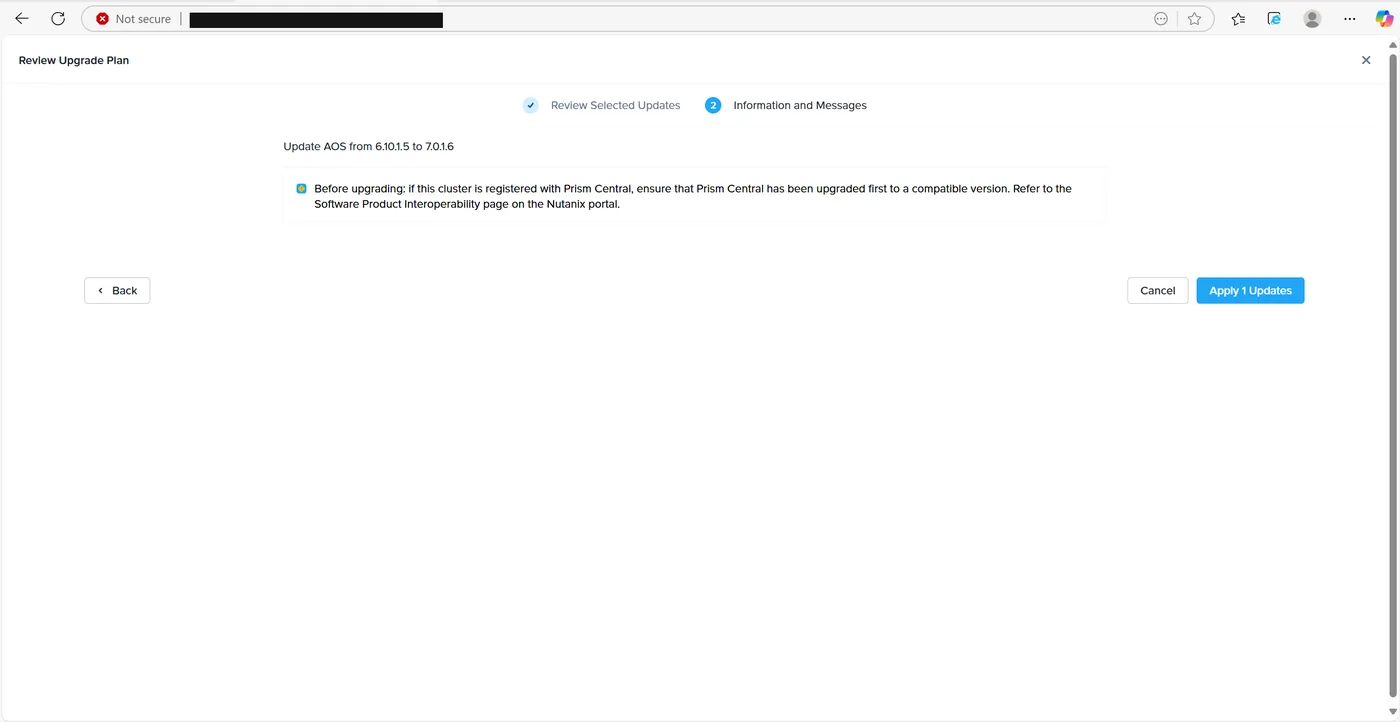 Review Upgrade Plan step two warning to upgrade Prism Central first if the cluster is registered