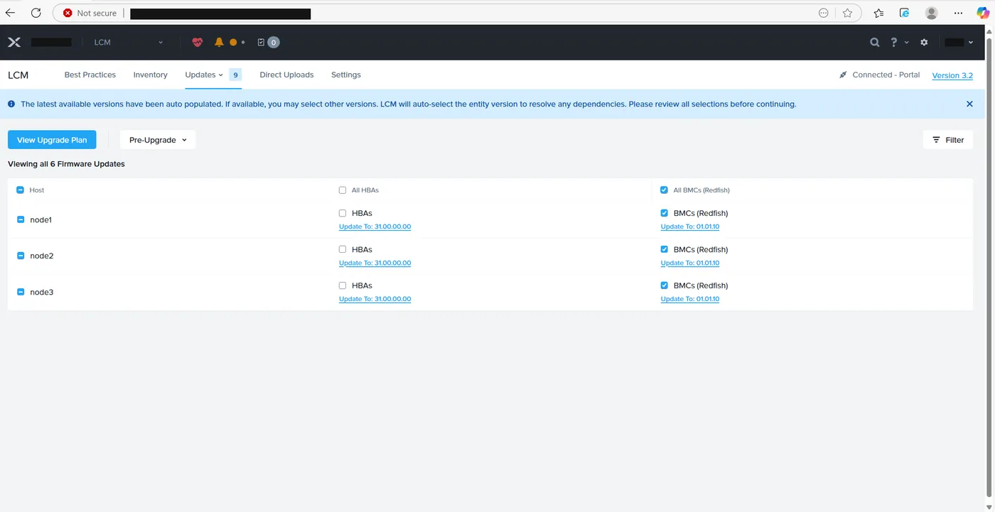 LCM Firmware Updates tab listing HBA and BMC Redfish firmware updates for three nodes