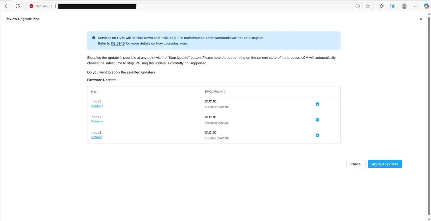 Review Upgrade Plan dialog for BMC Redfish firmware on three nodes