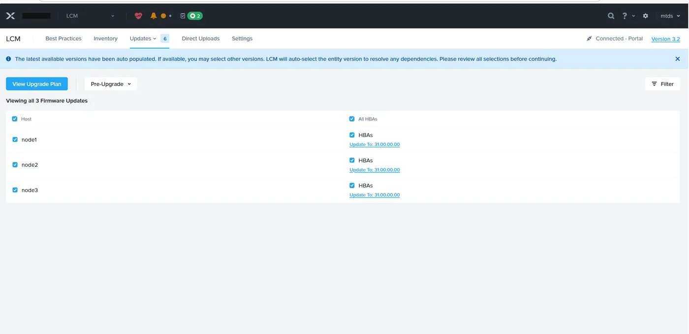 LCM Firmware Updates tab with three HBA updates remaining