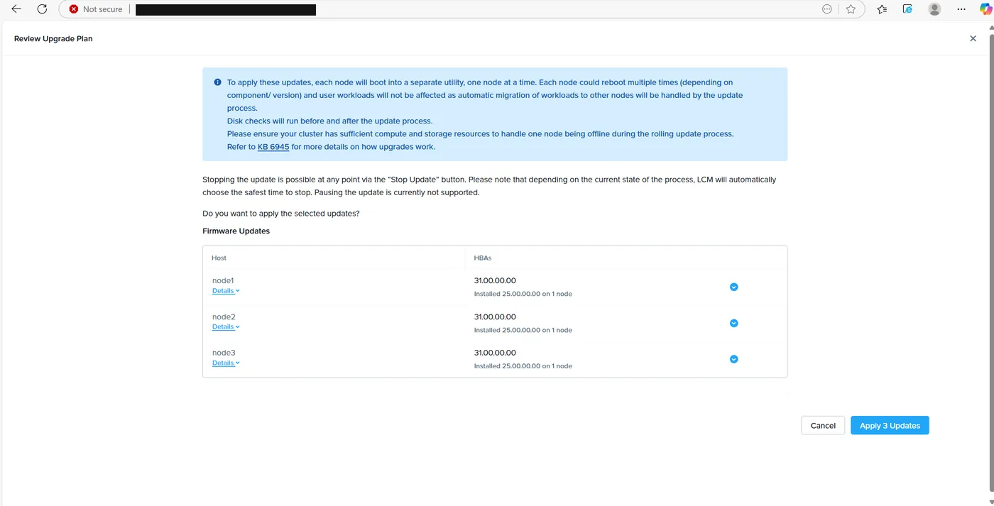 Review Upgrade Plan dialog for HBA firmware explaining that each node boots into a utility one at a time