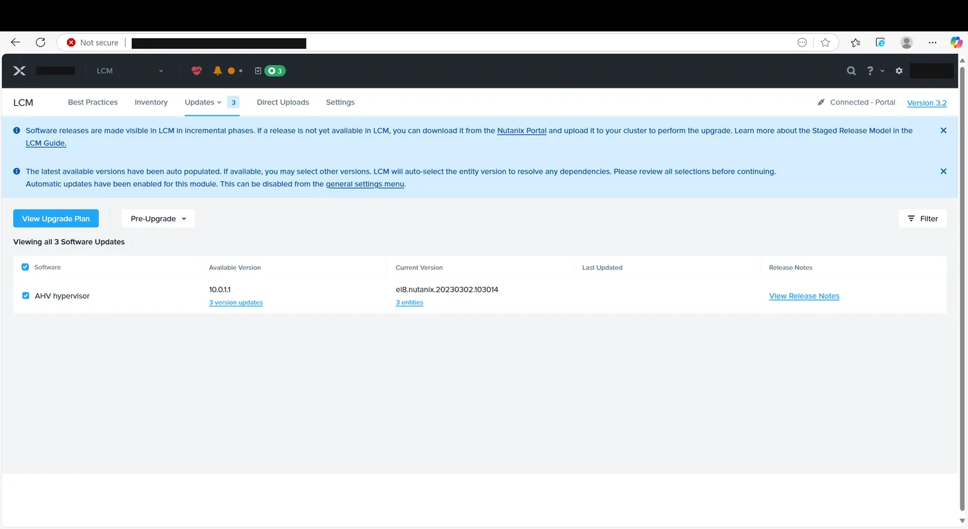 LCM Updates tab showing AHV 10.0.1.1 available for three entities
