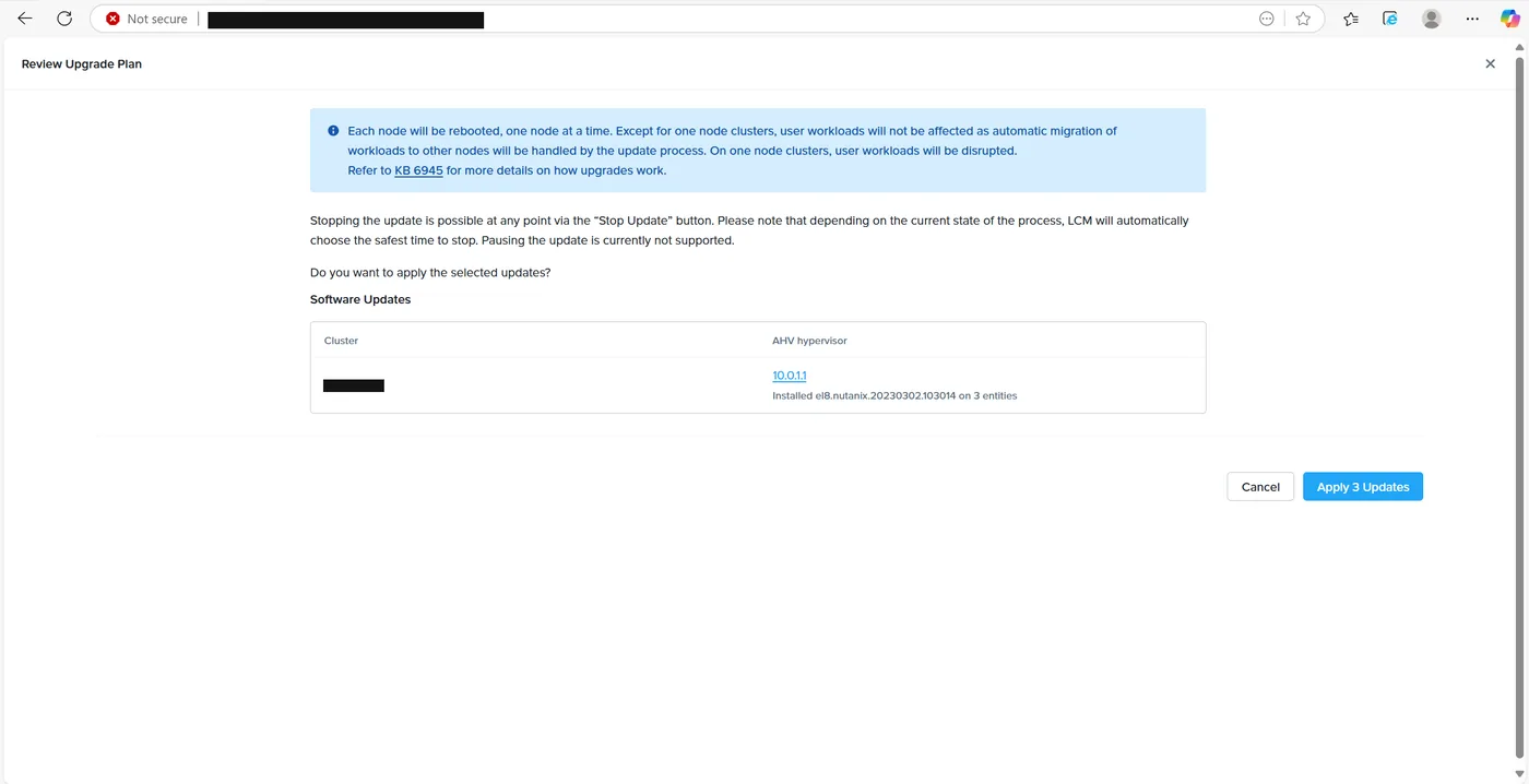 Review Upgrade Plan dialog for the AHV hypervisor update noting rolling node reboots