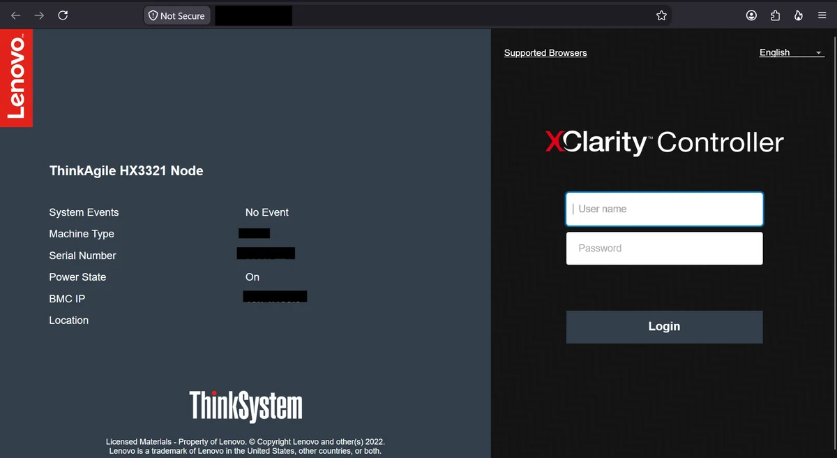 Lenovo XClarity Controller login page for a ThinkAgile HX3321 node showing system events, machine type and power state