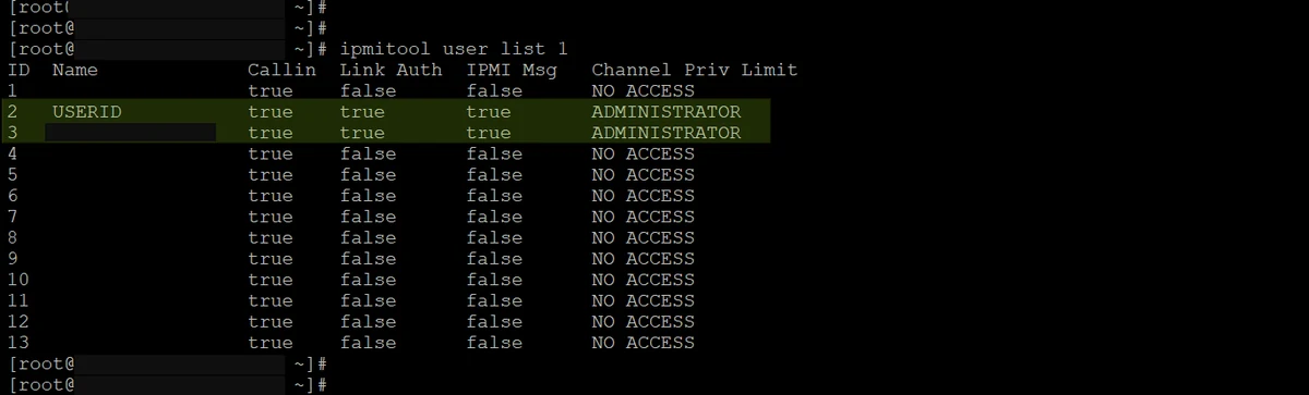 Output of ipmitool user list 1 showing 13 user slots with USERID at ID 2 and a second account at ID 3, both with ADMINISTRATOR privilege