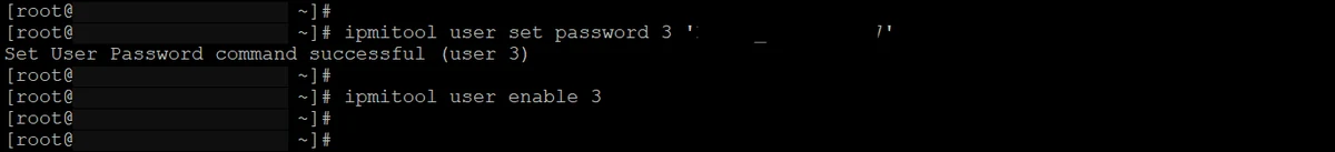 Terminal output showing ipmitool user set password succeeding for user 3, followed by ipmitool user enable 3